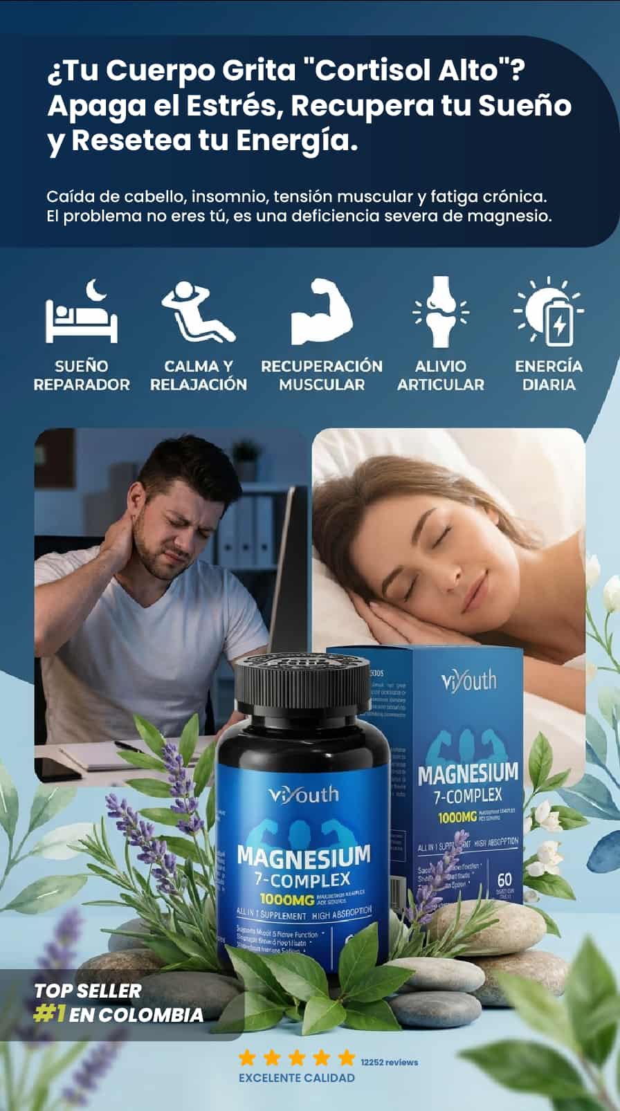 Complejo de Magnesio 7 (7 tipos) + Zinc y Vitaminas - Sueño y Cortisol alto (60 Cápsulas)